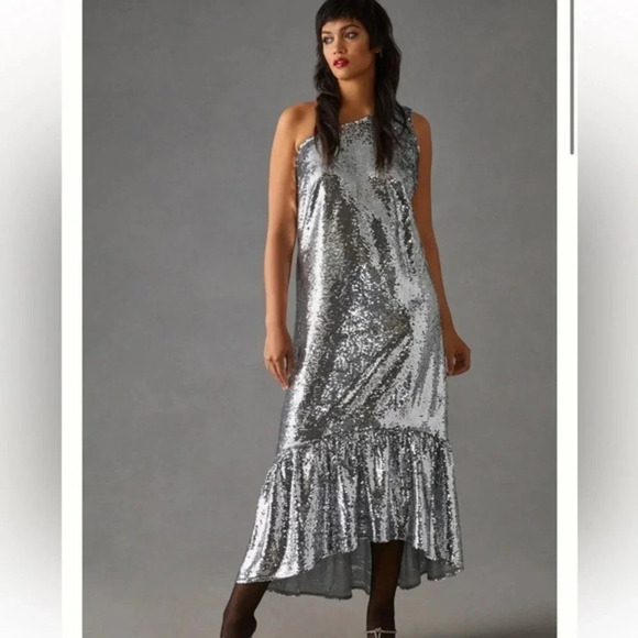Anthropologie Maeve One-Shoulder Silver Sequin Formal Dress Size Small S NWT - Picture 1 of 8